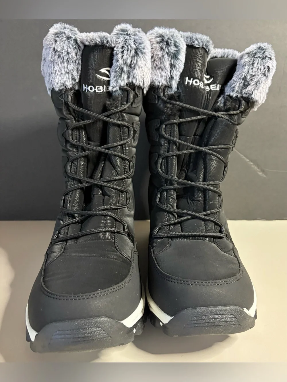 Women’s Black Winter Lace-Up Snow Boots with Gray Faux Fur Cuff
